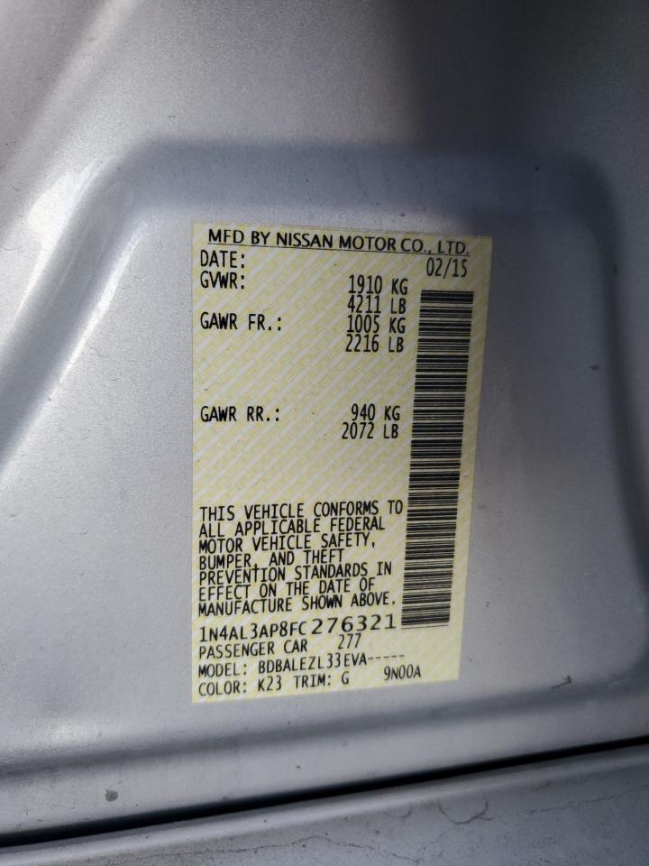 2015 Nissan Altima VIN 1N4AL3AP8FC276321 Copart auction photo, rear end / front end damage thumbnail 14