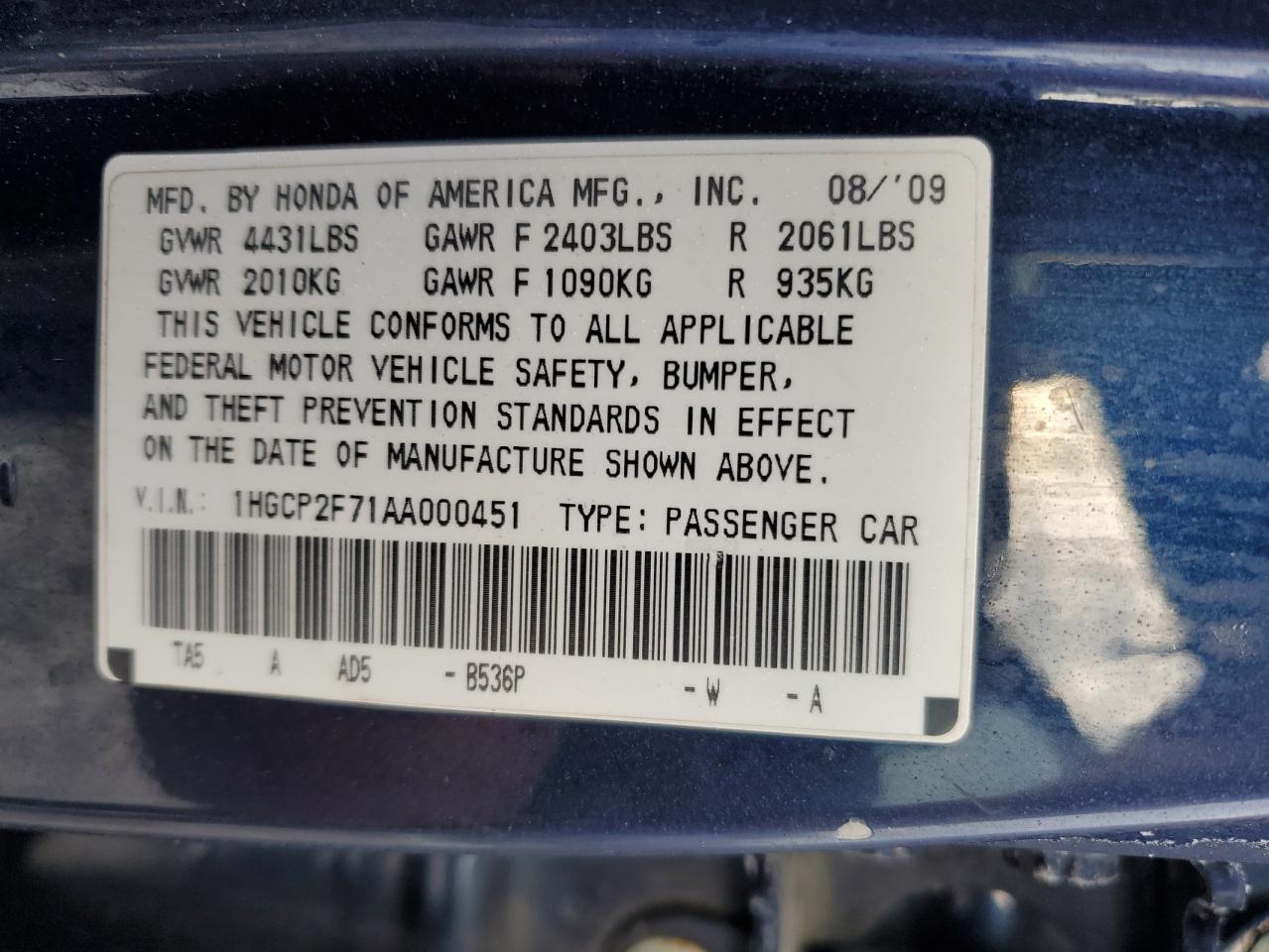 2010 Honda Accord VIN 1HGCP2F71AA000451 Copart auction photo, side damage thumbnail 12