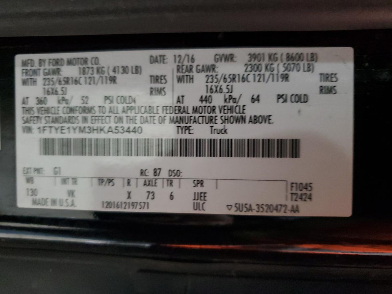 2017 Ford Transit VIN 1FTYE1YM3HKA53440 Copart auction photo, normal wear damage thumbnail 13