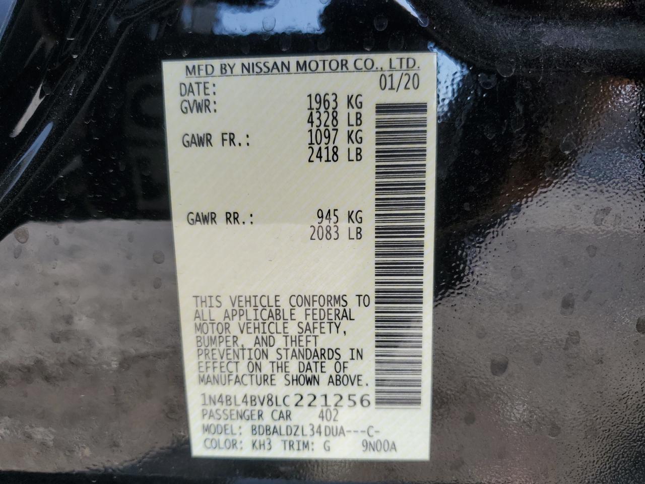 2020 Nissan Altima VIN 1N4BL4BV8LC221256 Copart auction photo, front end / top/roof damage thumbnail 13