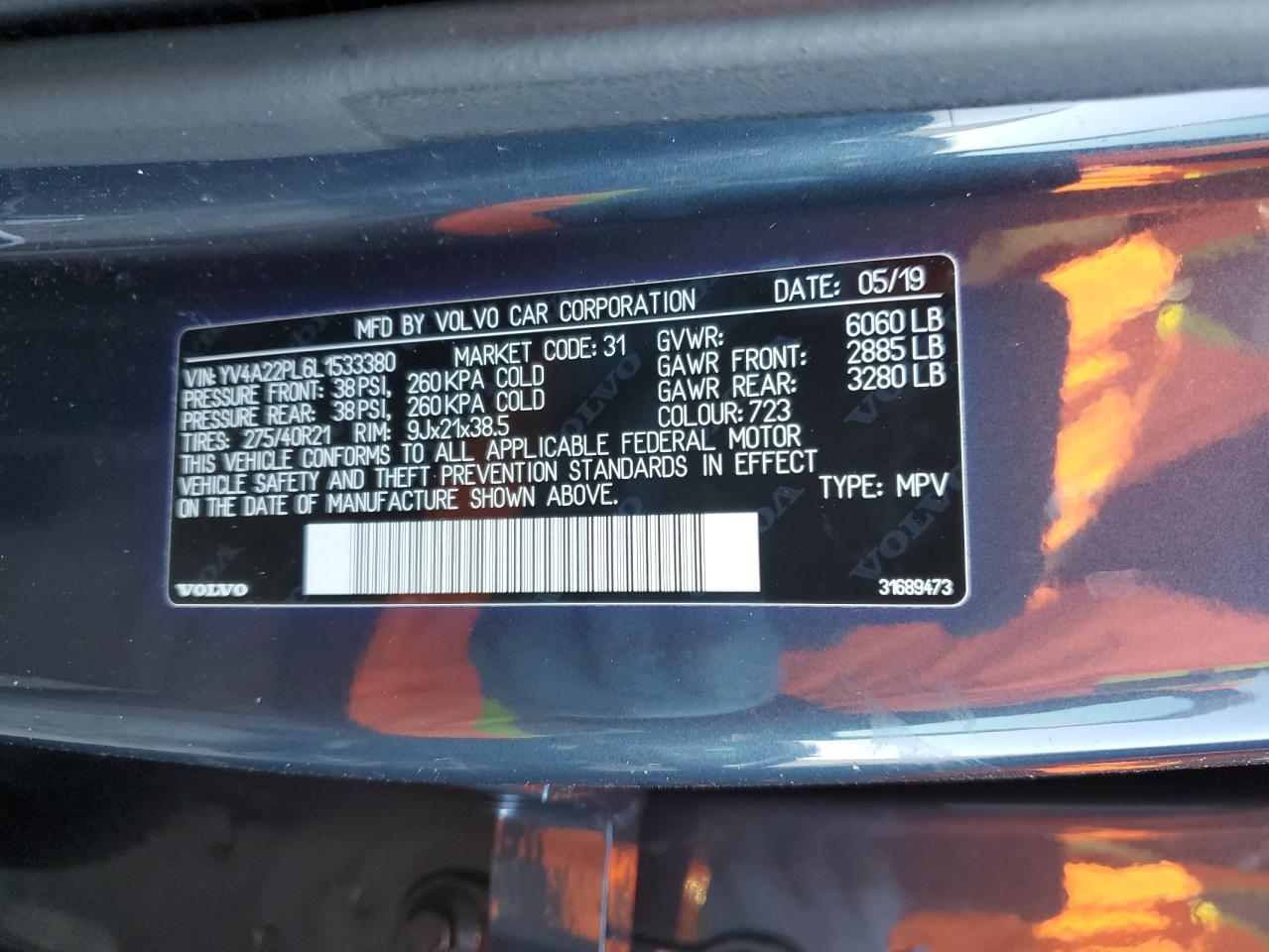 2020 Volvo XC90 VIN YV4A22PL6L1533380 Copart auction photo, all over damage thumbnail 12