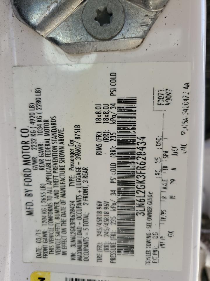 2015 Lincoln MKZ VIN 3LN6L2GK3FR628434 Copart auction photo, all over damage thumbnail 12