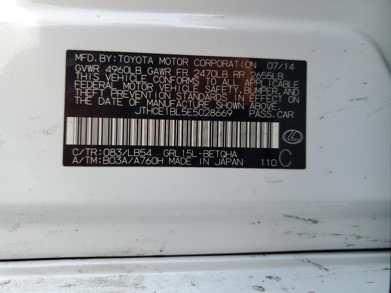 2014 Lexus GS VIN JTHCE1BL5E5028669 Copart auction photo, front end damage thumbnail 13