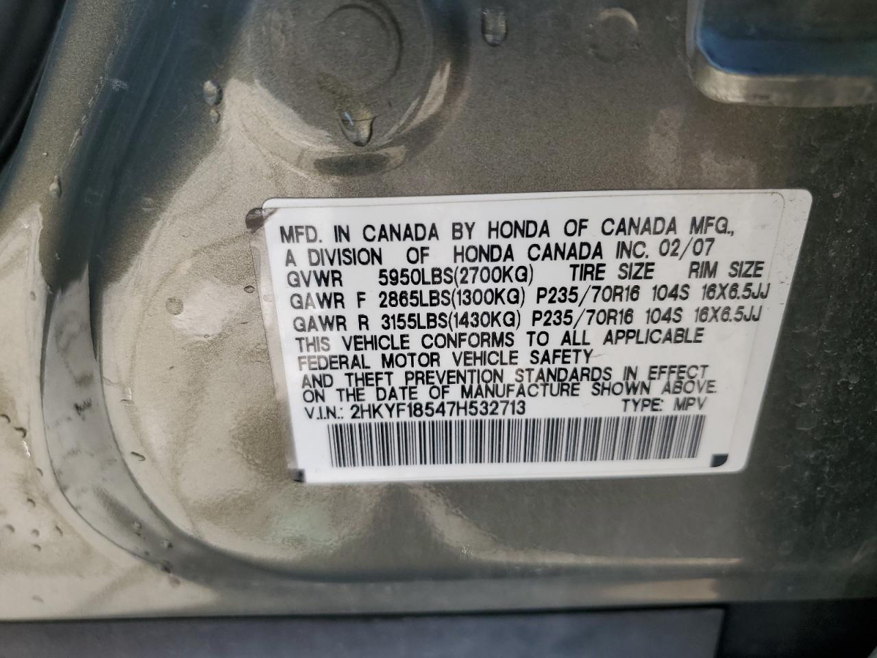 2007 Honda Pilot VIN 2HKYF18547H532713 Copart auction photo, hail / rear end damage thumbnail 13