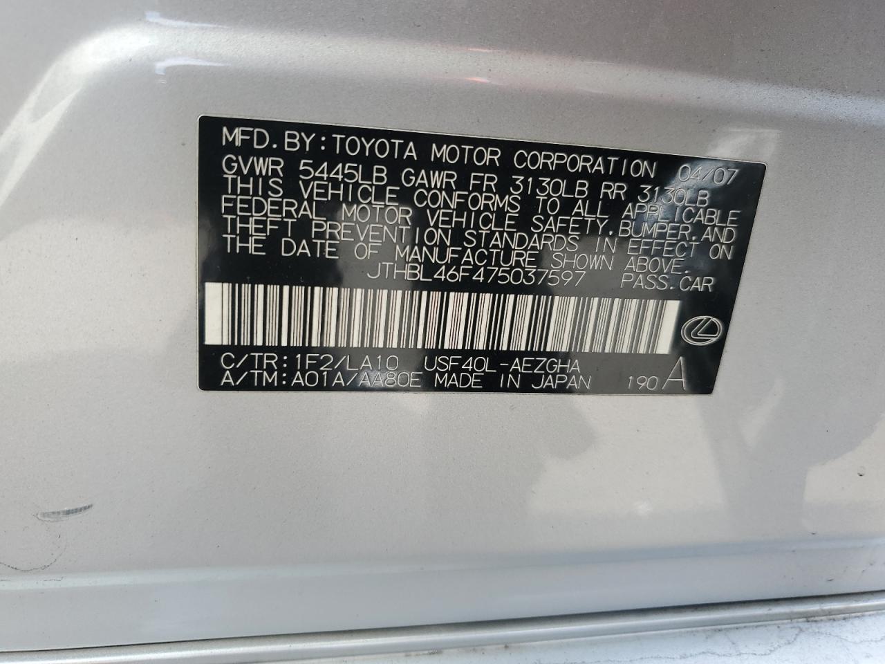 2007 Lexus LS VIN JTHBL46F475037597 Copart auction photo, front end / rear end damage thumbnail 14