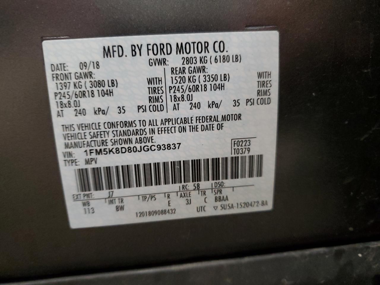 2018 Ford Explorer VIN 1FM5K8D80JGC93837 Copart auction photo, front end damage thumbnail 13