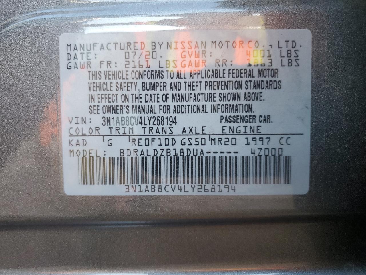 2020 Nissan Sentra VIN 3N1AB8CV4LY268194 Copart auction photo, undercarriage / front end damage thumbnail 14