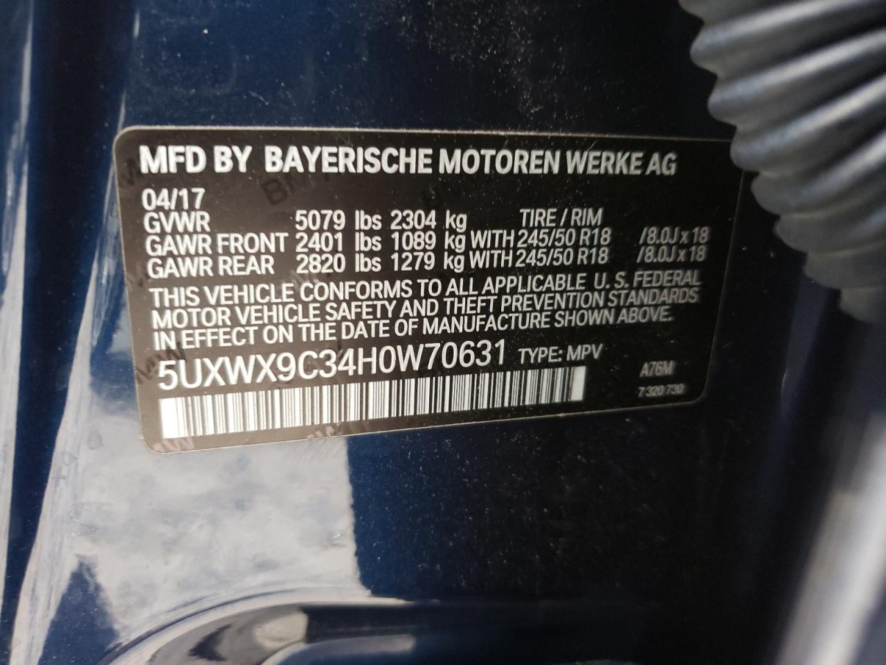 2017 BMW X3 VIN 5UXWX9C34H0W70631 Copart auction photo, front end / minor dent/scratches damage thumbnail 13