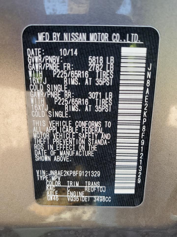 2015 Nissan Quest VIN JN8AE2KP8F9121329 Copart auction photo, front end / side damage thumbnail 15
