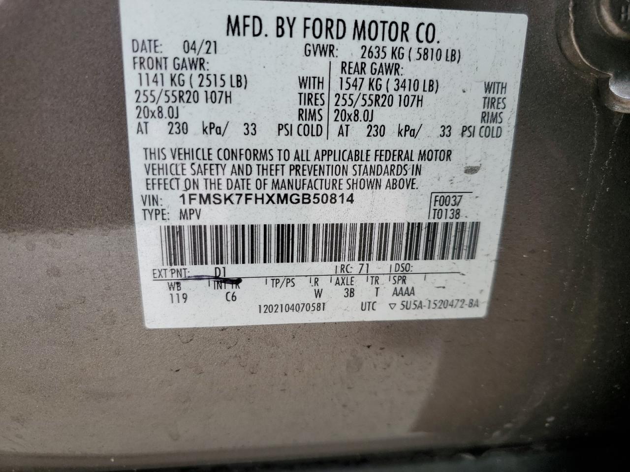 2021 Ford Explorer VIN 1FMSK7FHXMGB50814 Copart auction photo, front end damage thumbnail 15