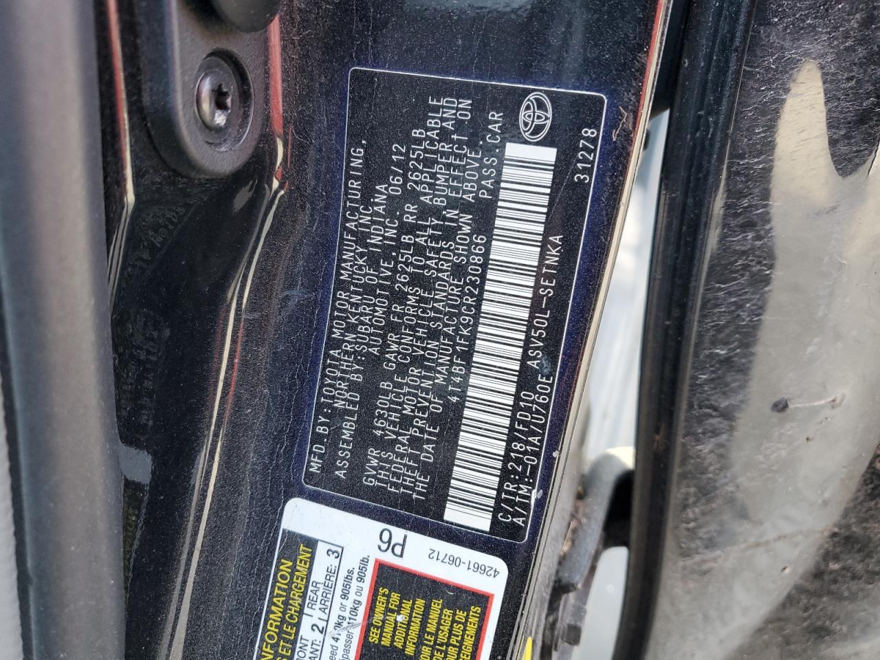 2012 Toyota Camry VIN 4T4BF1FK9CR230866 Copart auction photo, front end / rear end damage thumbnail 14