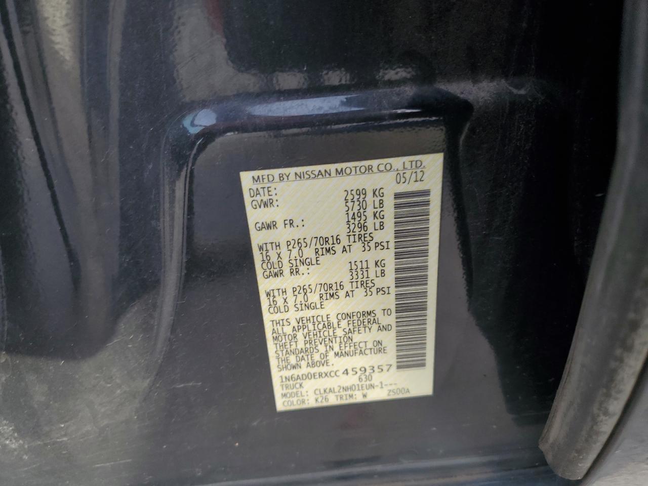 2012 Nissan Navara (Frontier) VIN 1N6AD0ERXCC459357 Copart auction photo, rear end damage thumbnail 12