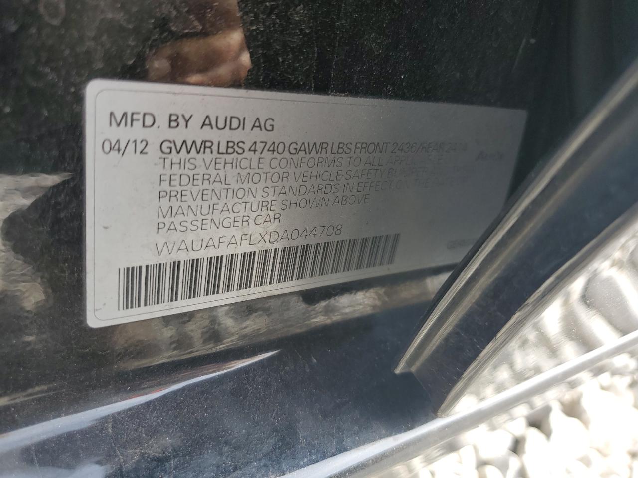 2013 Audi A4 VIN WAUAFAFLXDA044708 Copart auction photo, front end damage thumbnail 12