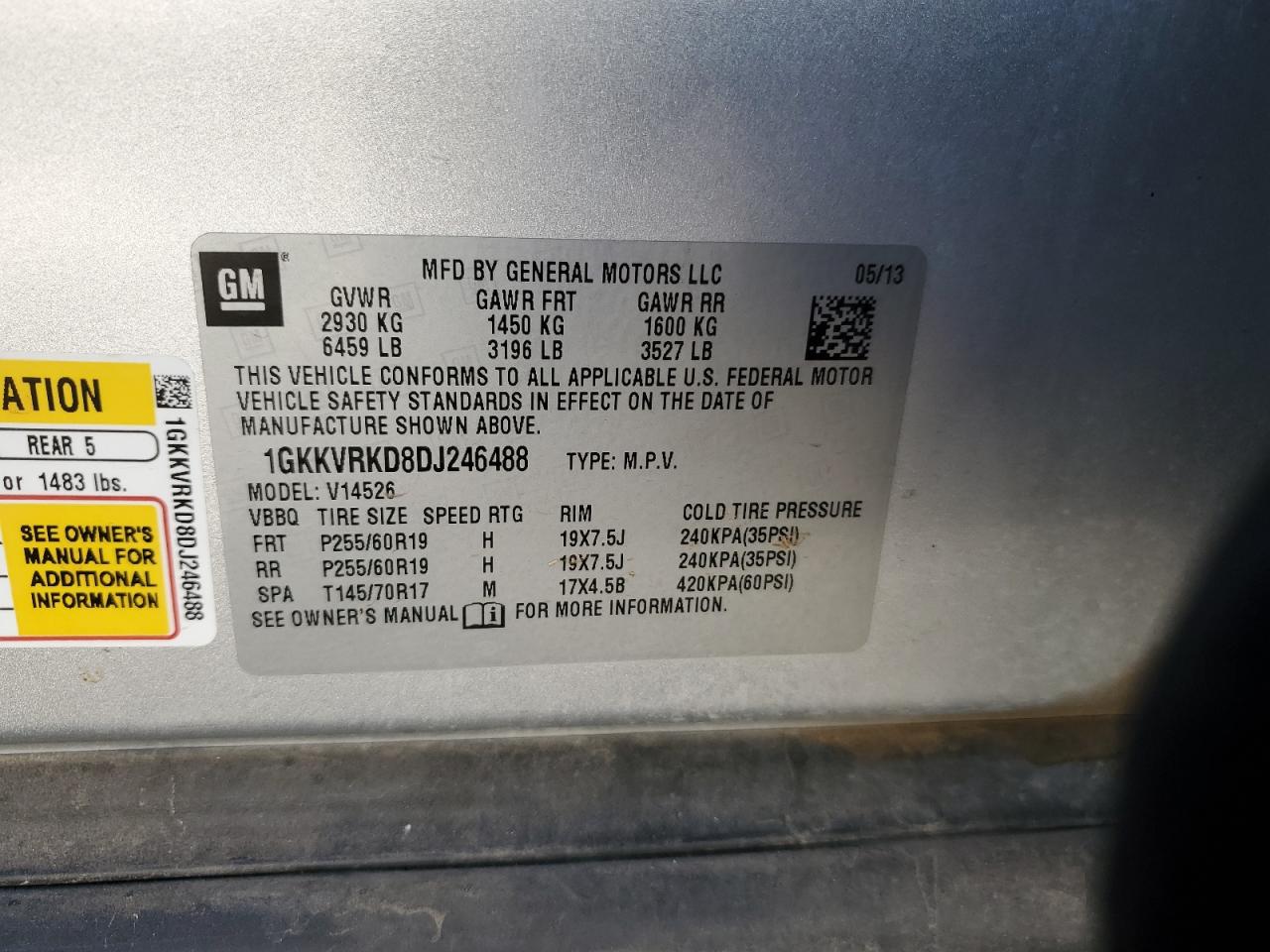 2013 GMC Acadia VIN 1GKKVRKD8DJ246488 Copart auction photo, front end damage thumbnail 13