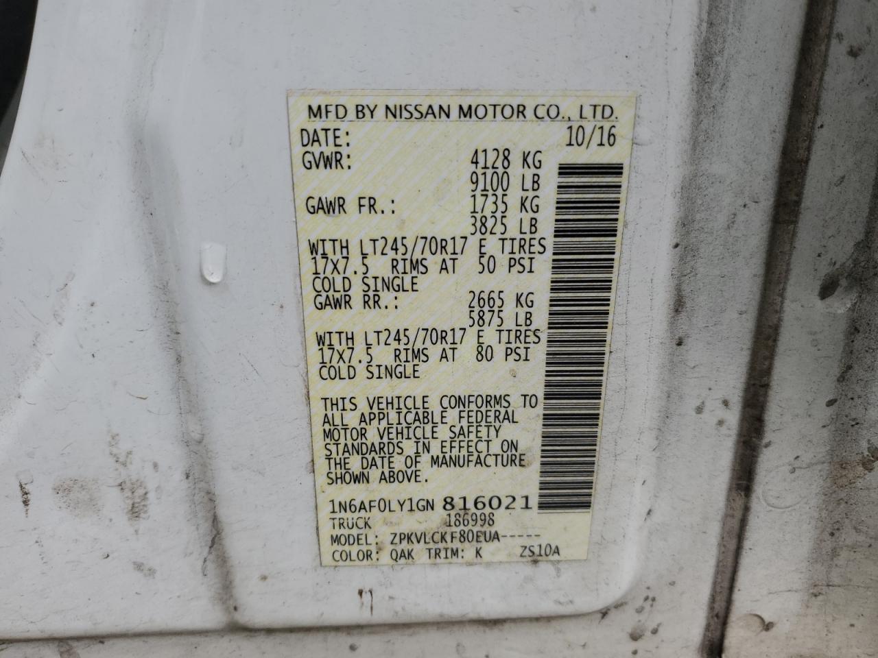 2016 Nissan NV VIN 1N6AF0LY1GN816021 Copart auction photo, front end damage thumbnail 12