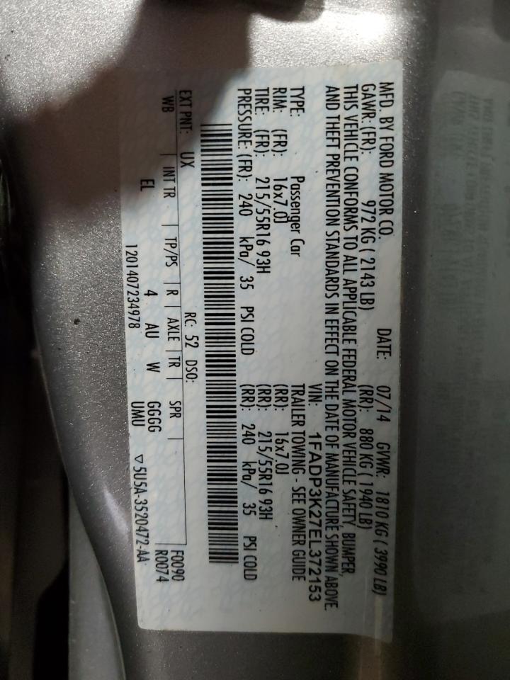 2014 Ford Focus VIN 1FADP3K27EL372153 Copart auction photo, side / rear end damage thumbnail 12