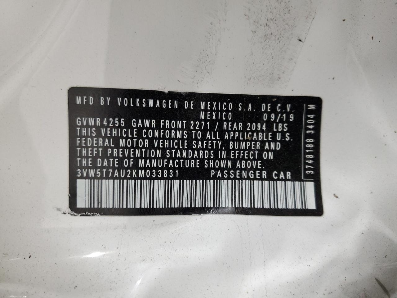 2019 Volkswagen GTI VIN 3VW5T7AU2KM033831 Copart auction photo, side / minor dent/scratches damage thumbnail 12