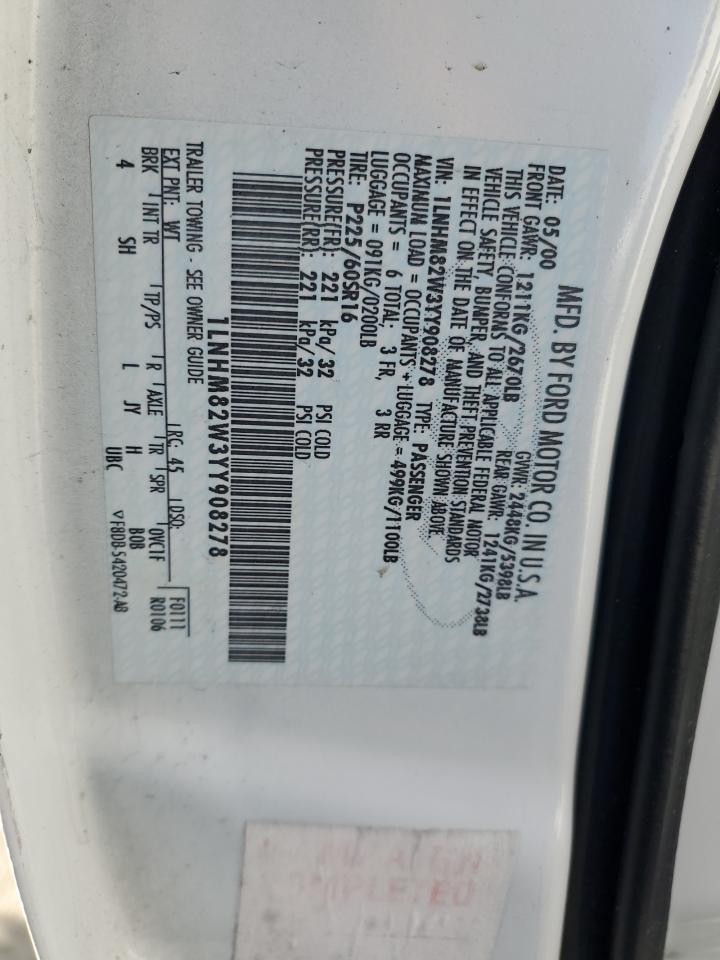 2000 Lincoln Town Car VIN 1LNHM82W3YY908278 Copart auction photo, side / all over damage thumbnail 12