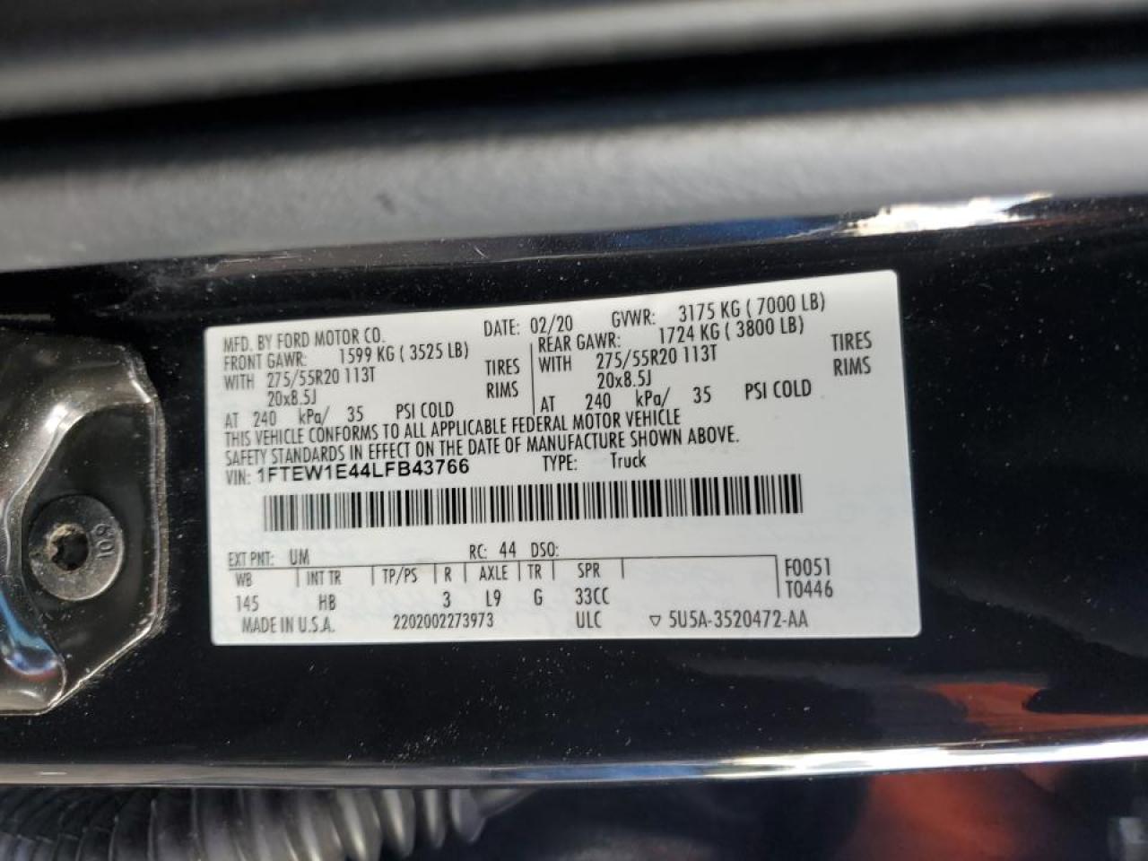 2020 Ford F-150 VIN 1FTEW1E44LFB43766 Copart auction photo, front end damage thumbnail 15