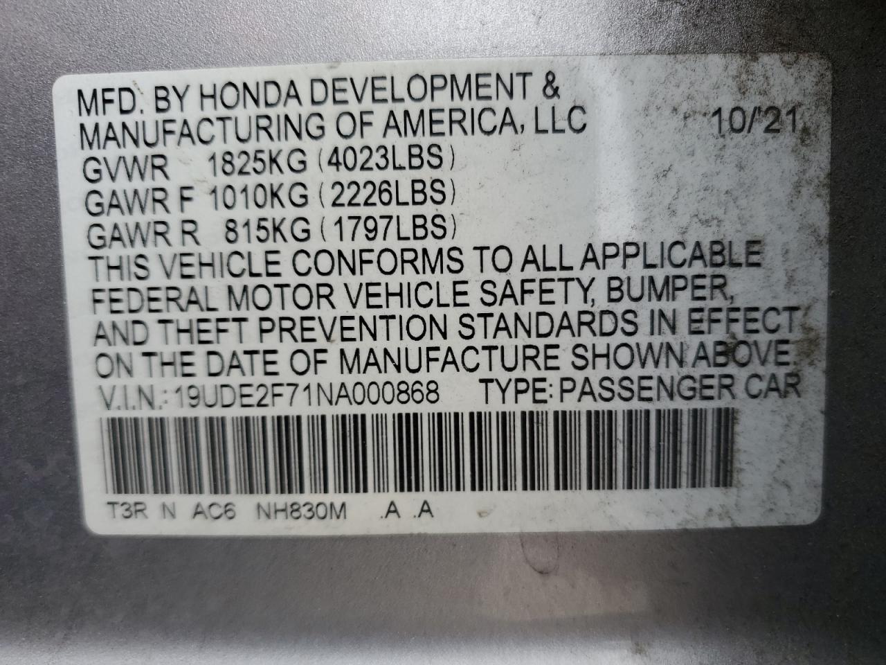 2022 Acura ILX VIN 19UDE2F71NA000868 Copart auction photo, front end damage thumbnail 14