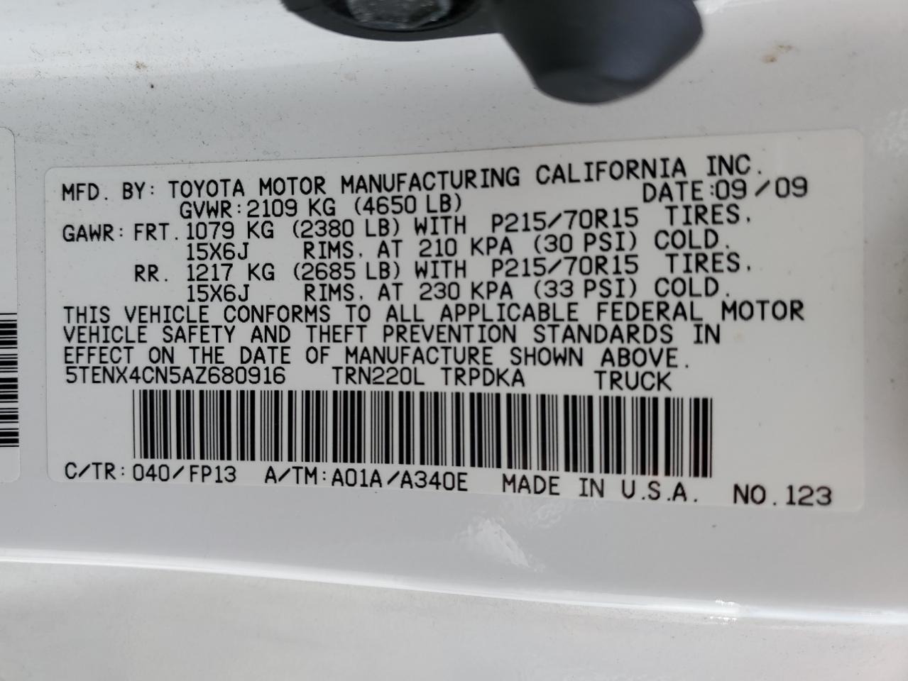 2010 Toyota Tacoma VIN 5TENX4CN5AZ680916 Copart auction photo, rear end / front end damage thumbnail 12