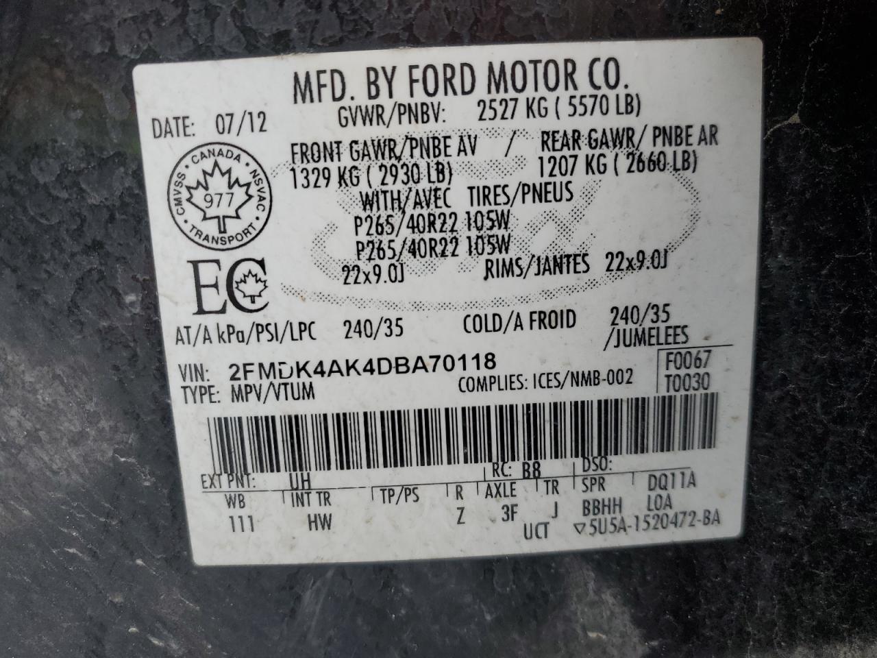 2013 Ford Edge VIN 2FMDK4AK4DBA70118 Copart auction photo, front end damage thumbnail 13