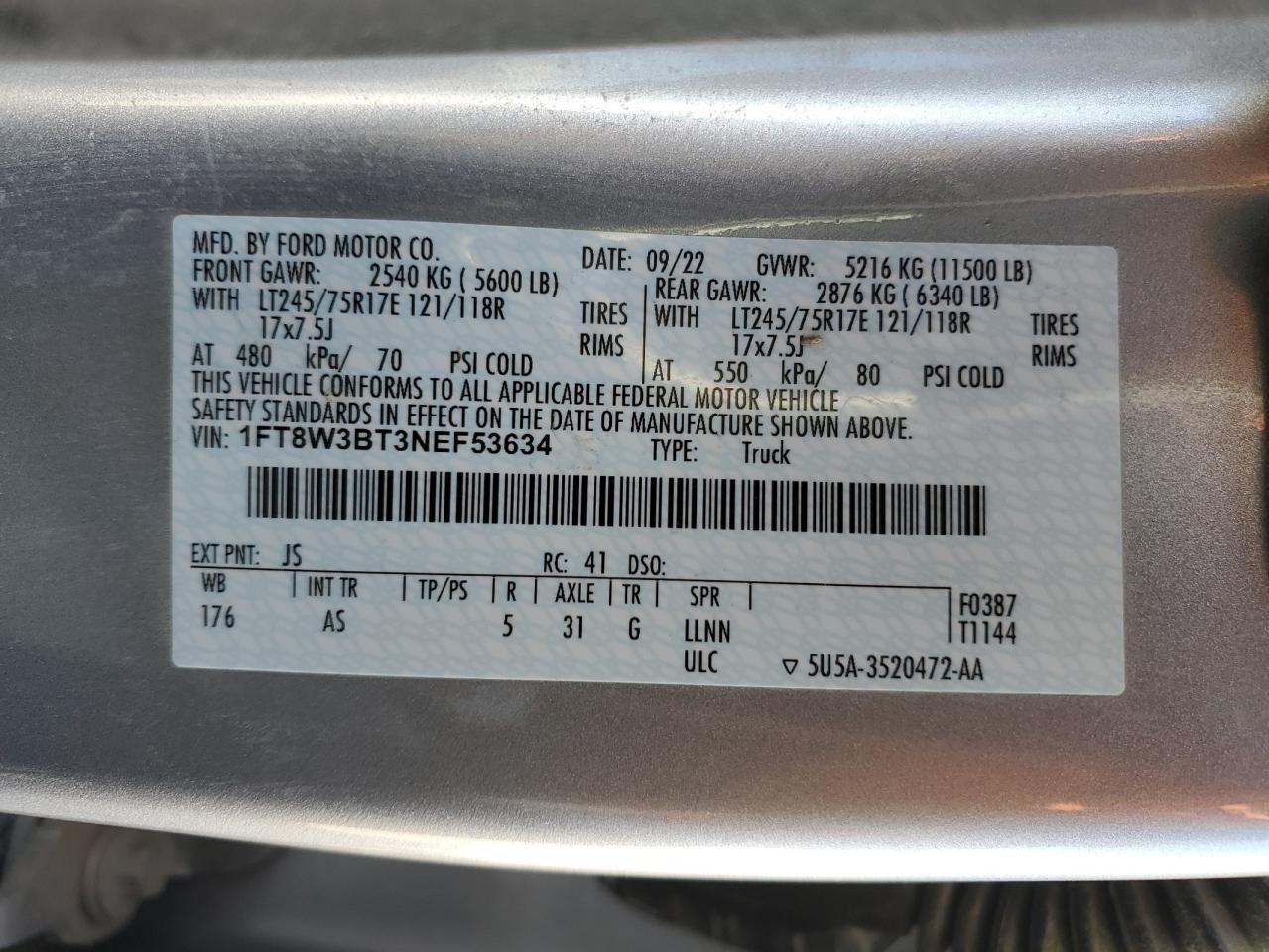 2022 Ford F350 VIN 1FT8W3BT3NEF53634 Copart auction photo, frame damage / front end damage thumbnail 13