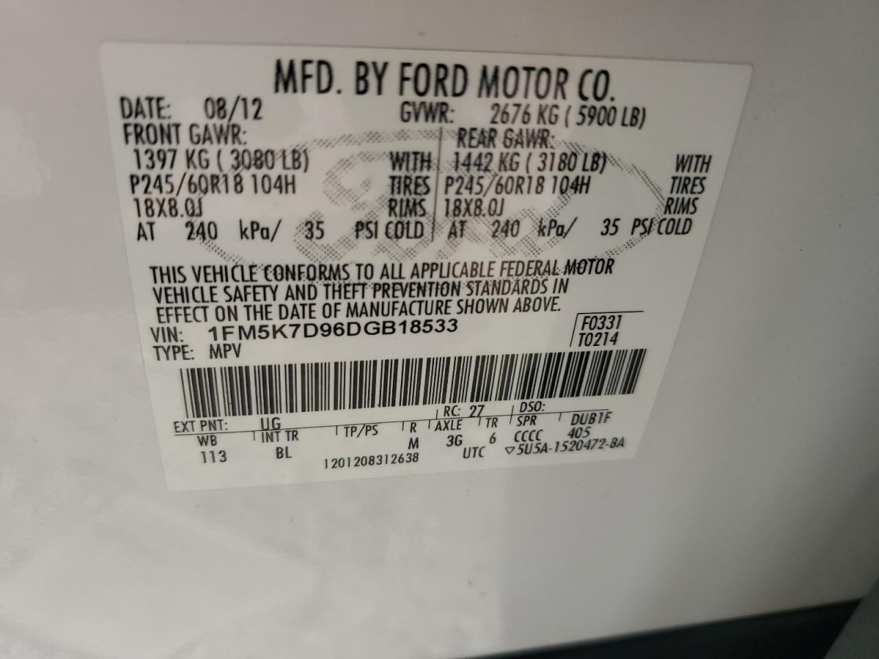 2013 Ford Explorer VIN 1FM5K7D96DGB18533 Copart auction photo, front end / rear end damage thumbnail 13