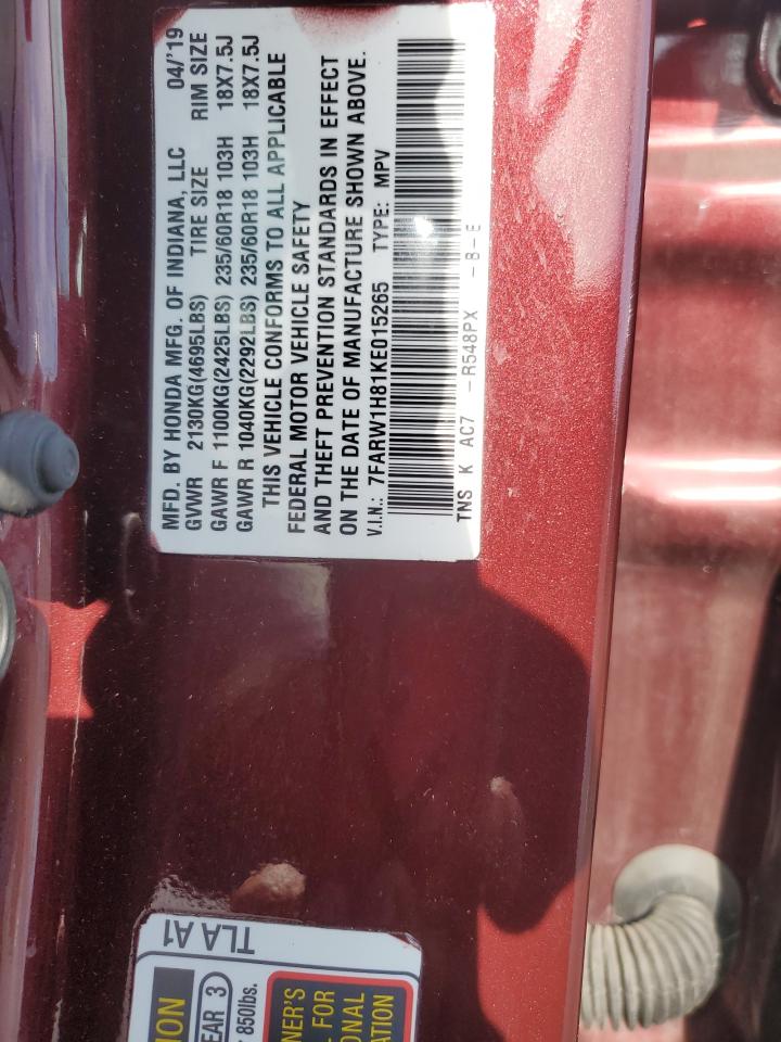 2019 Honda CR-V VIN 7FARW1H81KE015265 Copart auction photo, rear end damage thumbnail 13