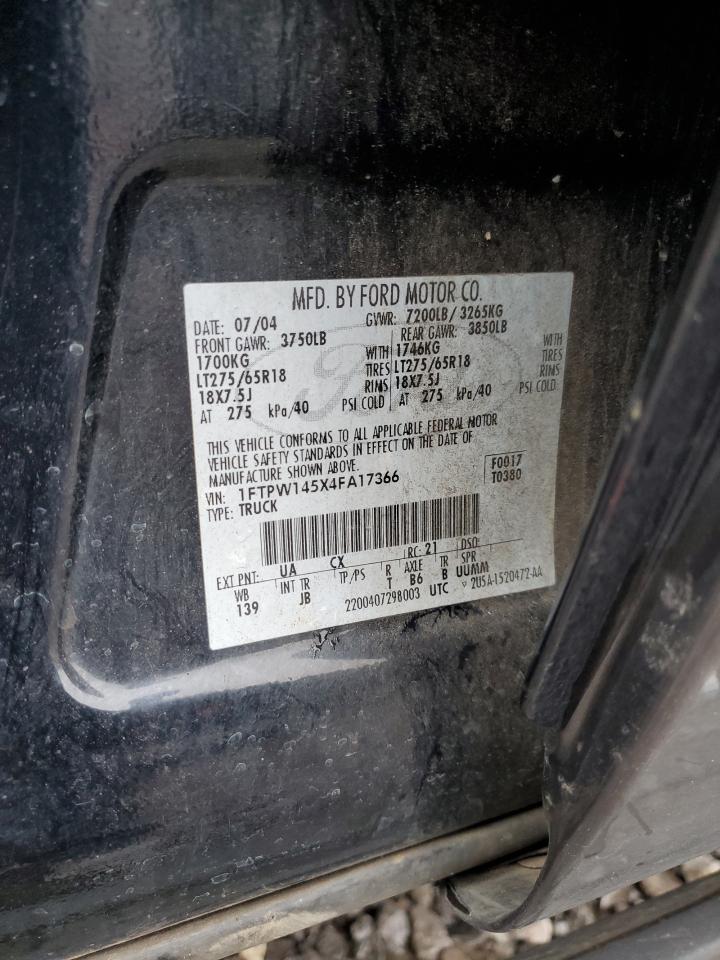 2004 Ford F-150 VIN 1FTPW145X4FA17366 Copart auction photo, rear end damage thumbnail 12