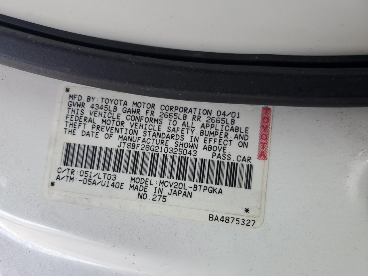 2001 Lexus ES VIN JT8BF28G210325043 Copart auction photo, front end damage thumbnail 14