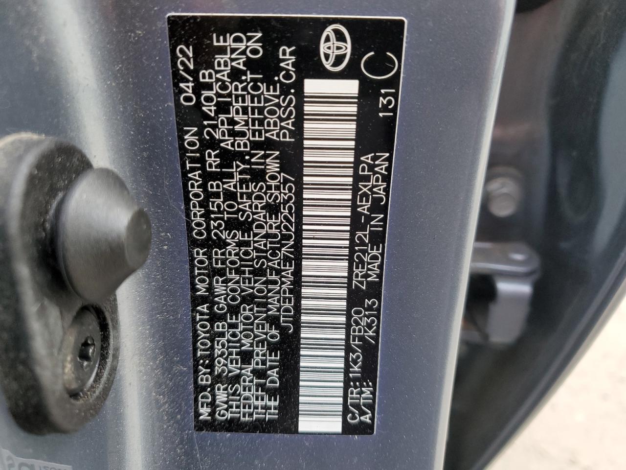 2022 Toyota Corolla VIN JTDEPMAE7NJ225357 Copart auction photo, rear end damage thumbnail 12