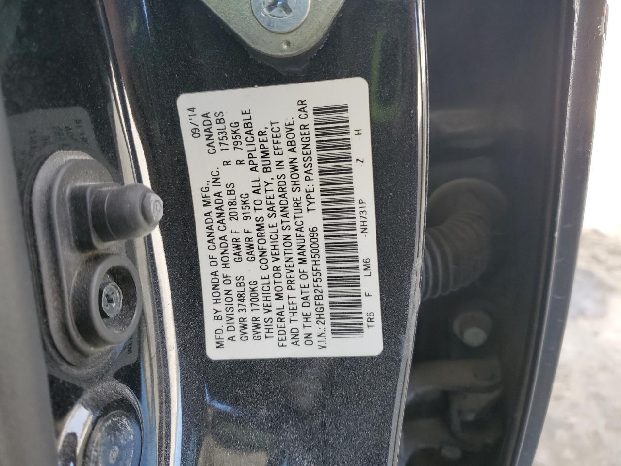 2015 Honda Civic VIN 2HGFB2F55FH500096 Copart auction photo, top/roof damage thumbnail 14
