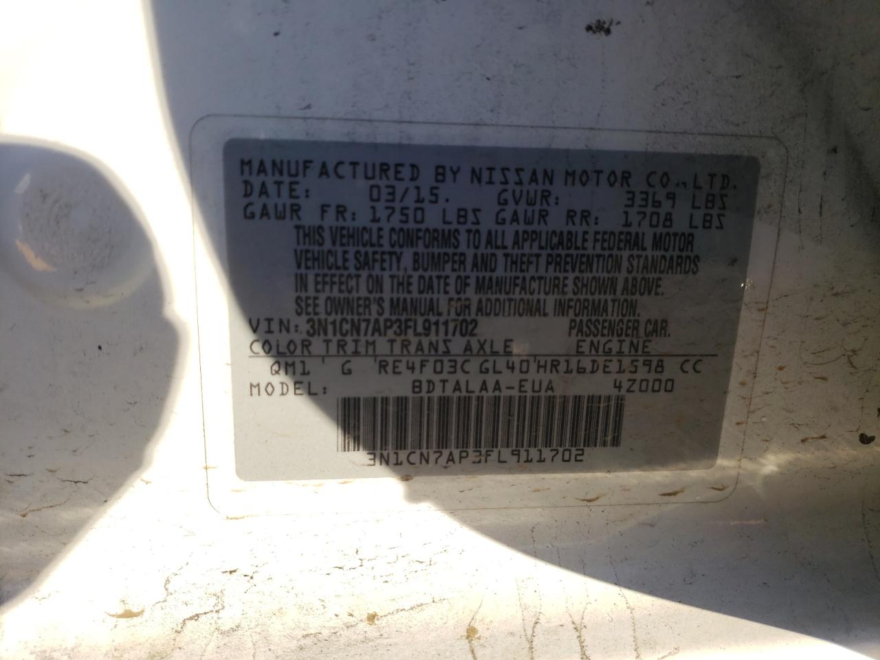 2015 Nissan Versa VIN 3N1CN7AP3FL911702 Copart auction photo, mechanical damage thumbnail 12