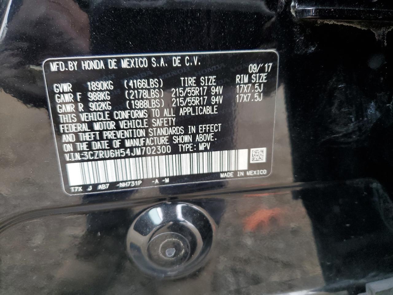 2018 Honda HR-V VIN 3CZRU6H54JM702300 Copart auction photo, front end / undercarriage damage thumbnail 15