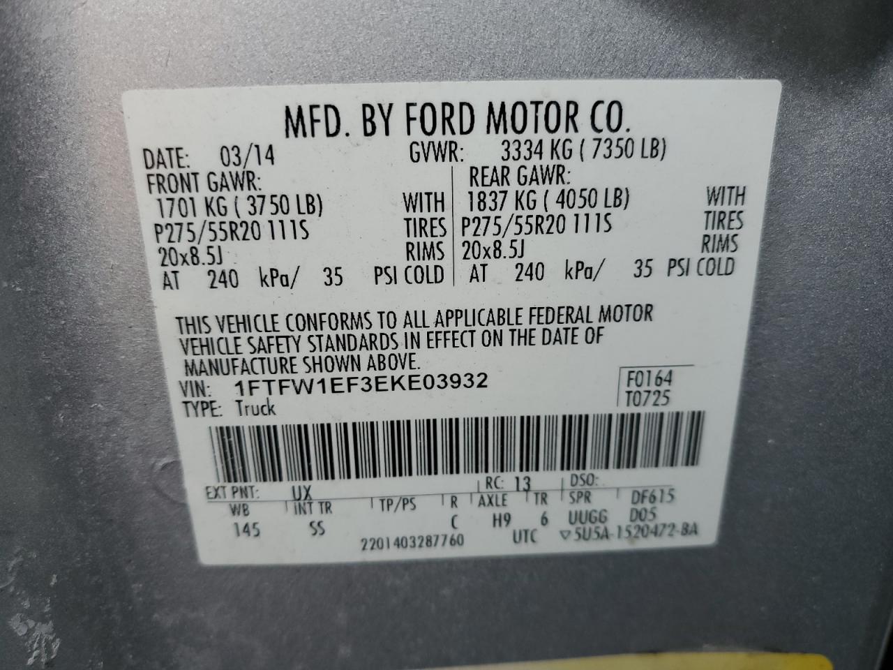 2014 Ford F-150 VIN 1FTFW1EF3EKE03932 Copart auction photo, rear end damage thumbnail 12