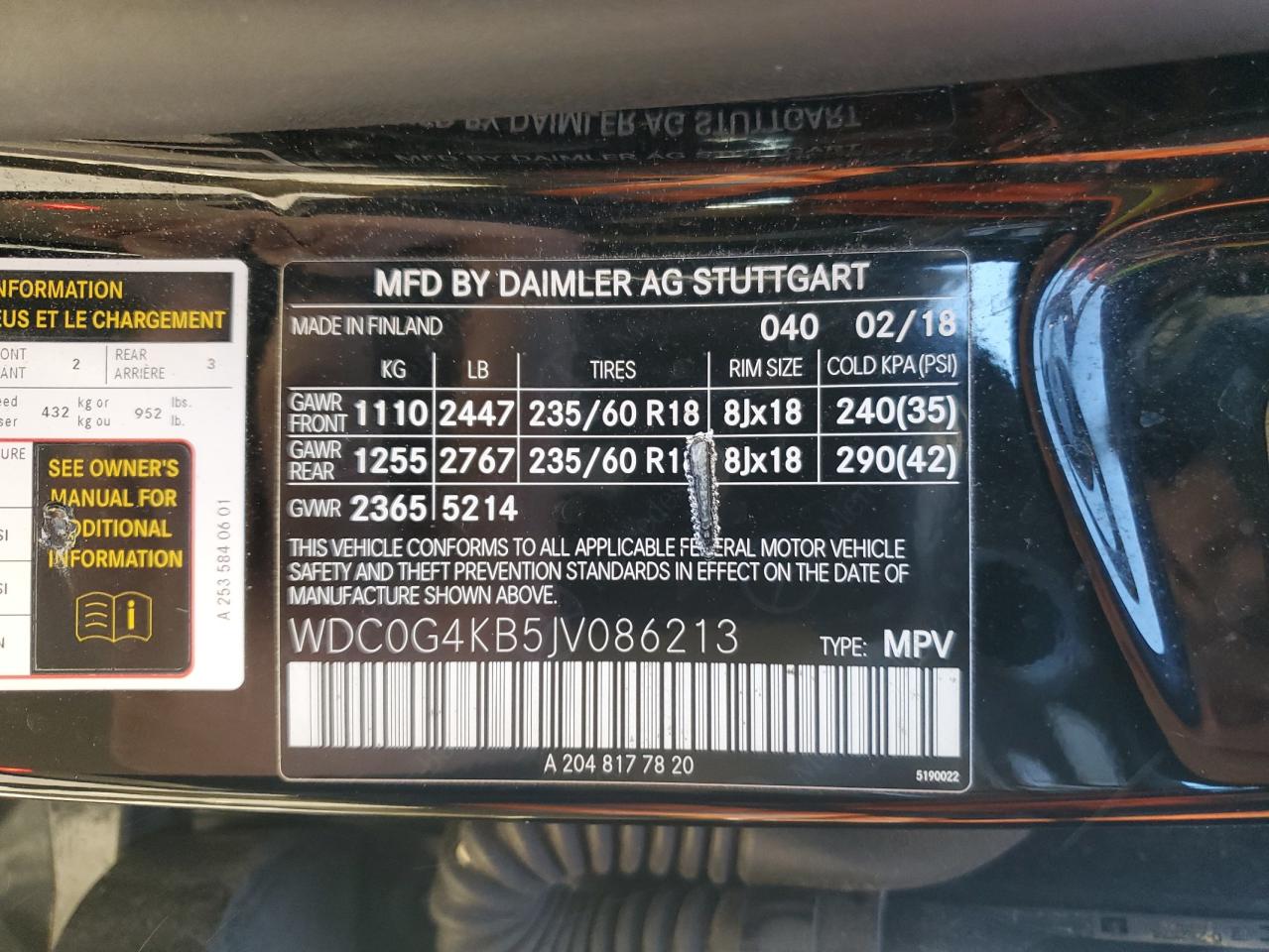 2018 Mercedes-Benz GLC VIN WDC0G4KB5JV086213 Copart auction photo, side / front end damage thumbnail 14
