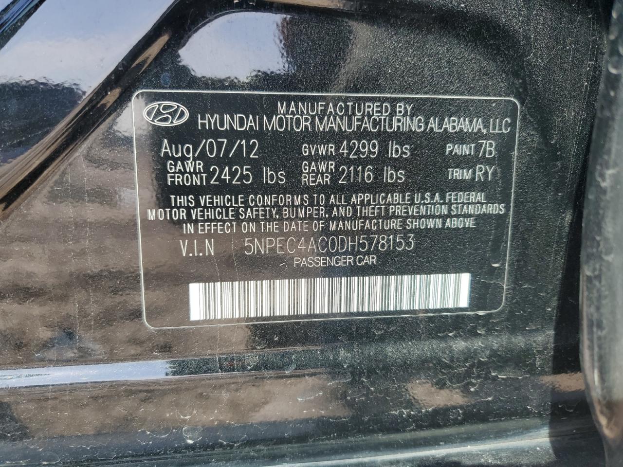2013 Hyundai Sonata VIN 5NPEC4AC0DH578153 Copart auction photo, rear end / minor dent/scratches damage thumbnail 12