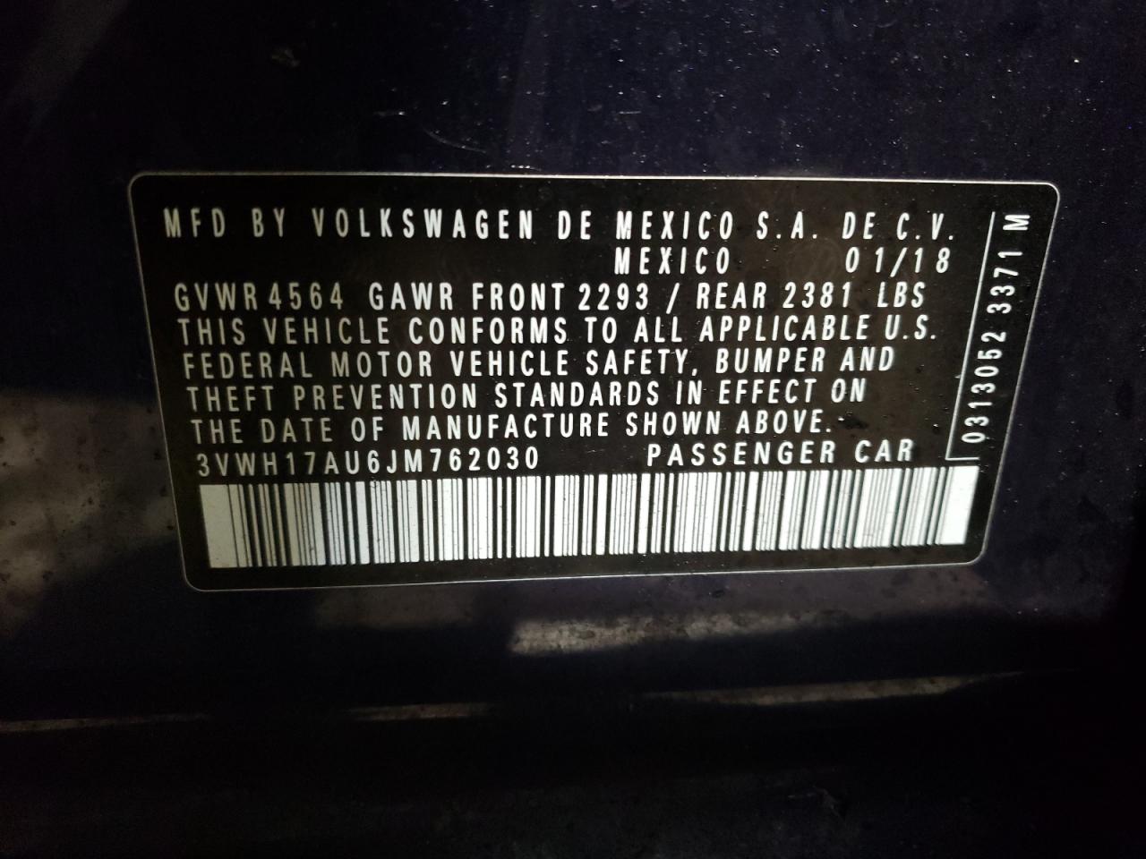 2018 Volkswagen Golf VIN 3VWH17AU6JM762030 Copart auction photo, hail damage thumbnail 14