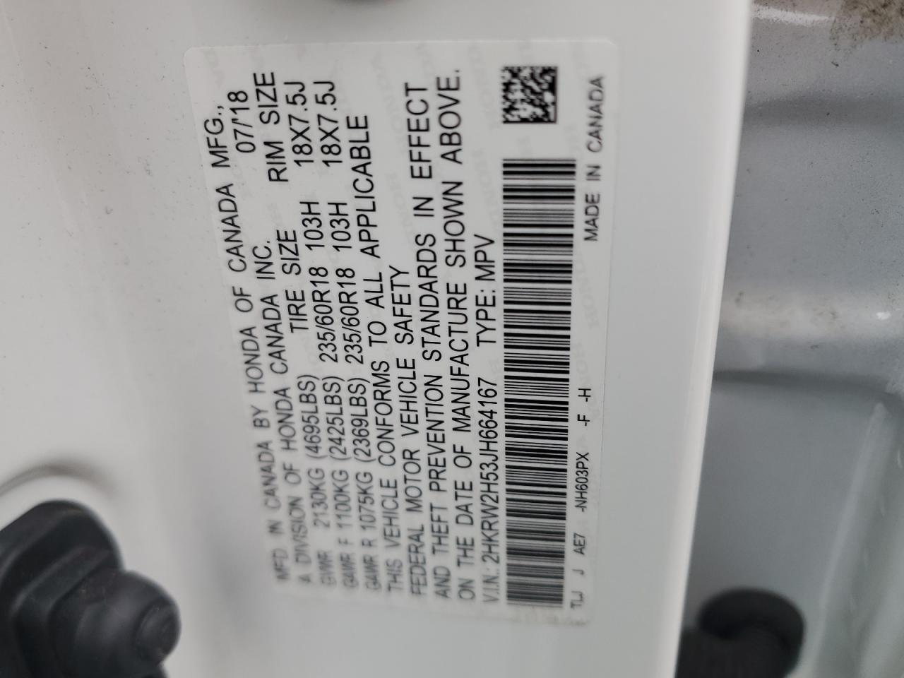 2018 Honda CR-V VIN 2HKRW2H53JH664167 Copart auction photo, rear end damage thumbnail 14