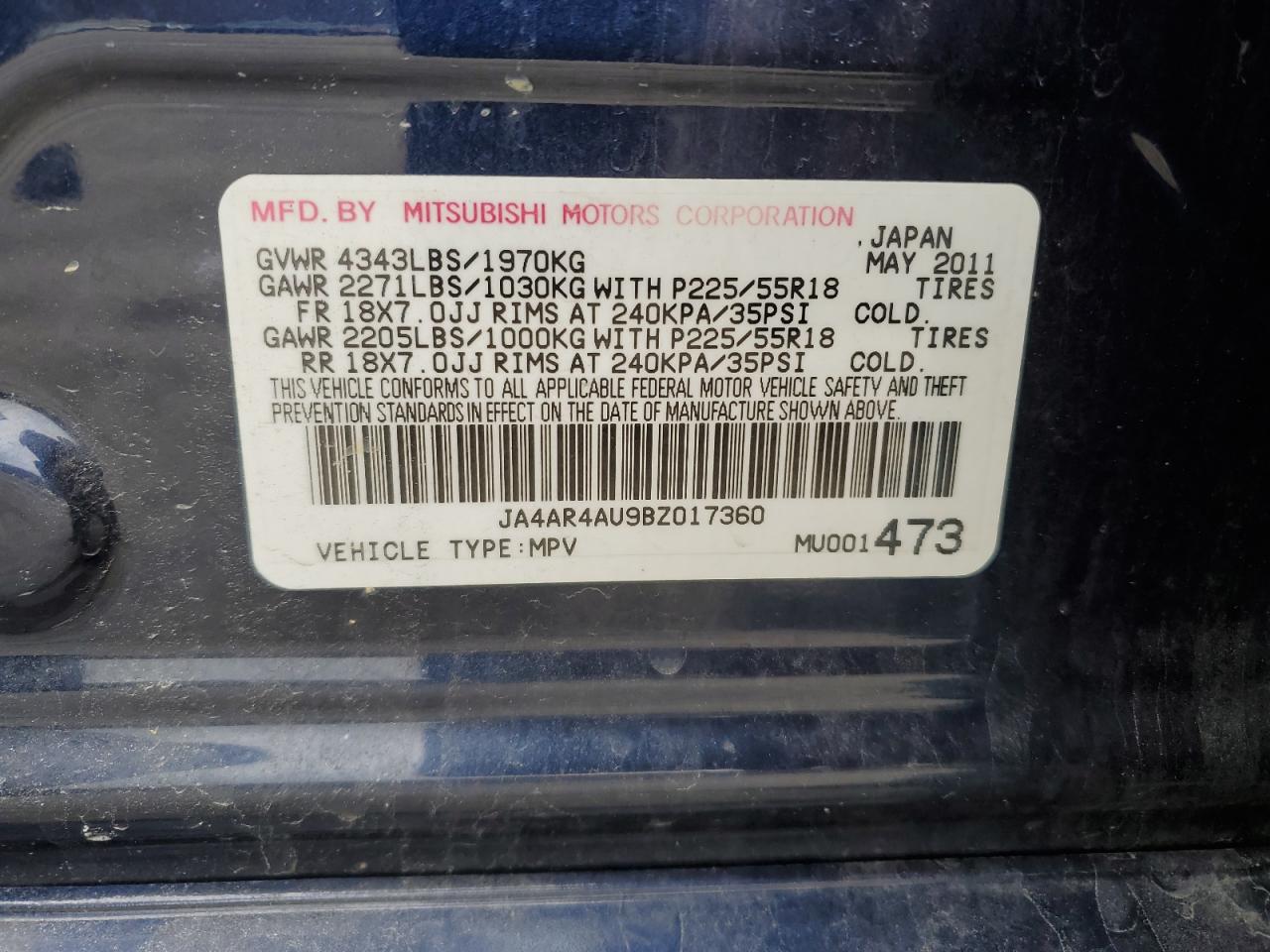 2011 Mitsubishi Outlander VIN JA4AR4AU9BZ017360 Copart auction photo, minor dent/scratches damage thumbnail 13