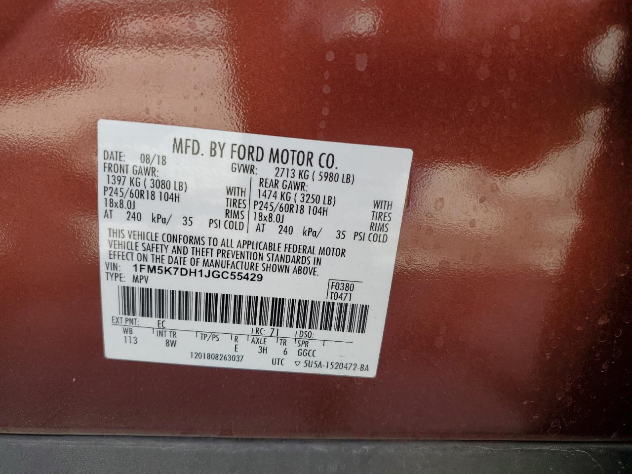 2018 Ford Explorer VIN 1FM5K7DH1JGC55429 Copart auction photo, rear end damage thumbnail 14