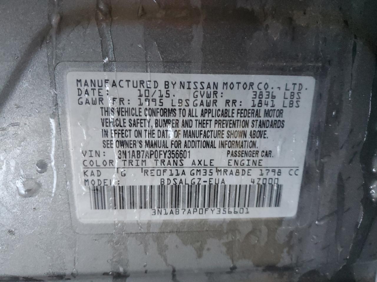 2015 Nissan Sentra VIN 3N1AB7AP0FY356601 Copart auction photo, front end / side damage thumbnail 12