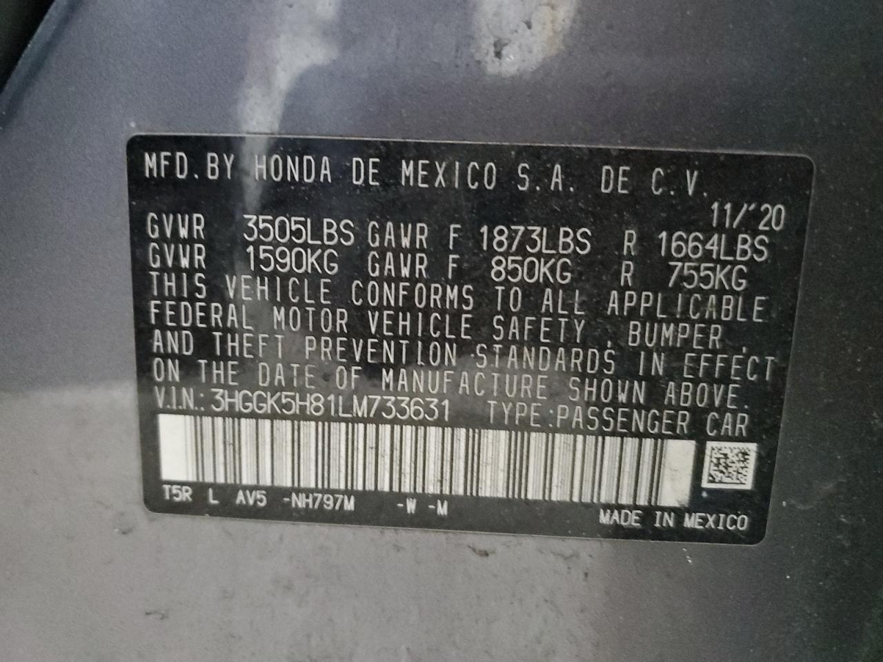 2020 Honda Fit VIN 3HGGK5H81LM733631 Copart auction photo, all over damage thumbnail 14