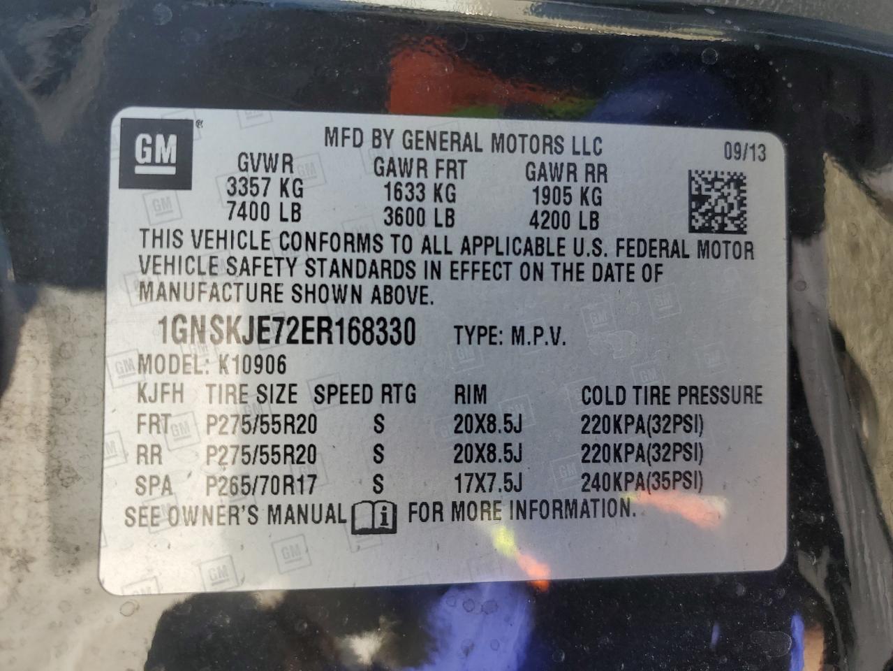 2014 Chevrolet Suburban VIN 1GNSKJE72ER168330 Copart auction photo, mechanical / front end damage thumbnail 13