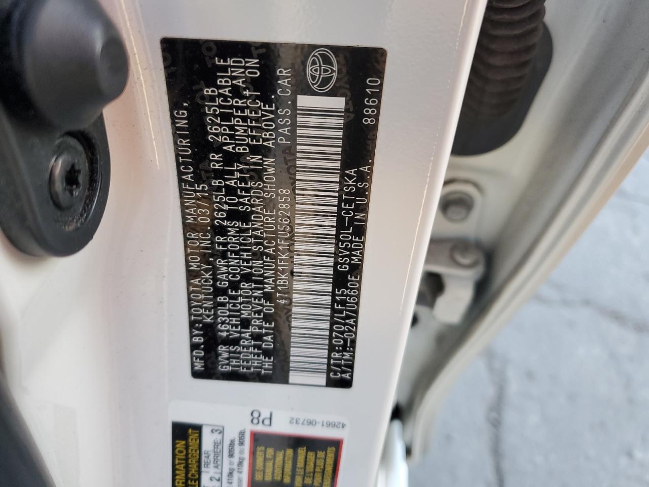 2015 Toyota Camry VIN 4T1BK1FK1FU562858 Copart auction photo, side damage thumbnail 12