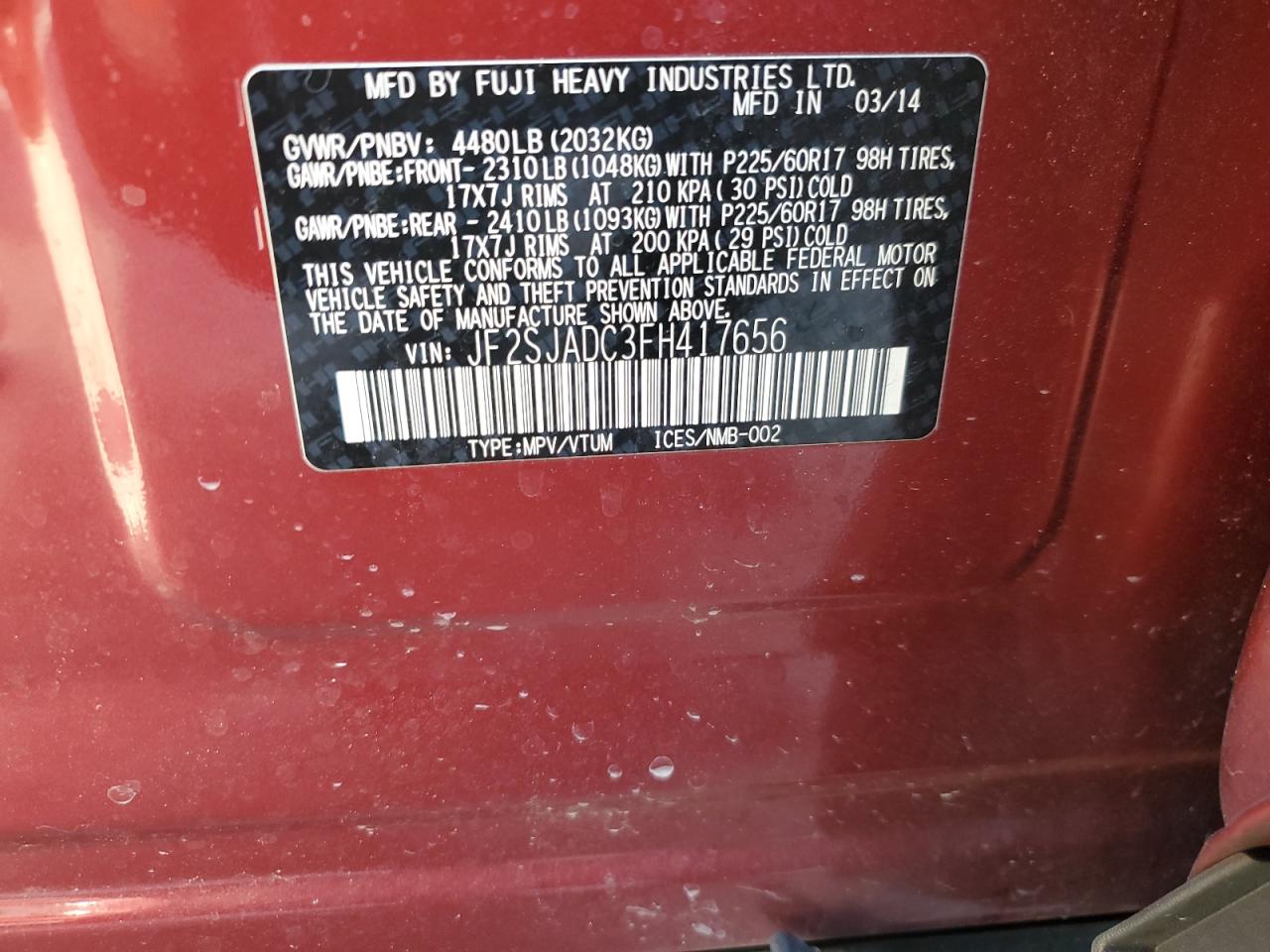 2015 Subaru Forester VIN JF2SJADC3FH417656 Copart auction photo, front end damage thumbnail 13