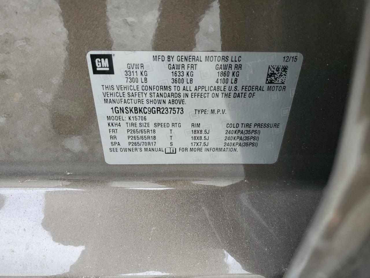 2016 Chevrolet Tahoe VIN 1GNSKBKC9GR237573 Copart auction photo, front end damage thumbnail 13