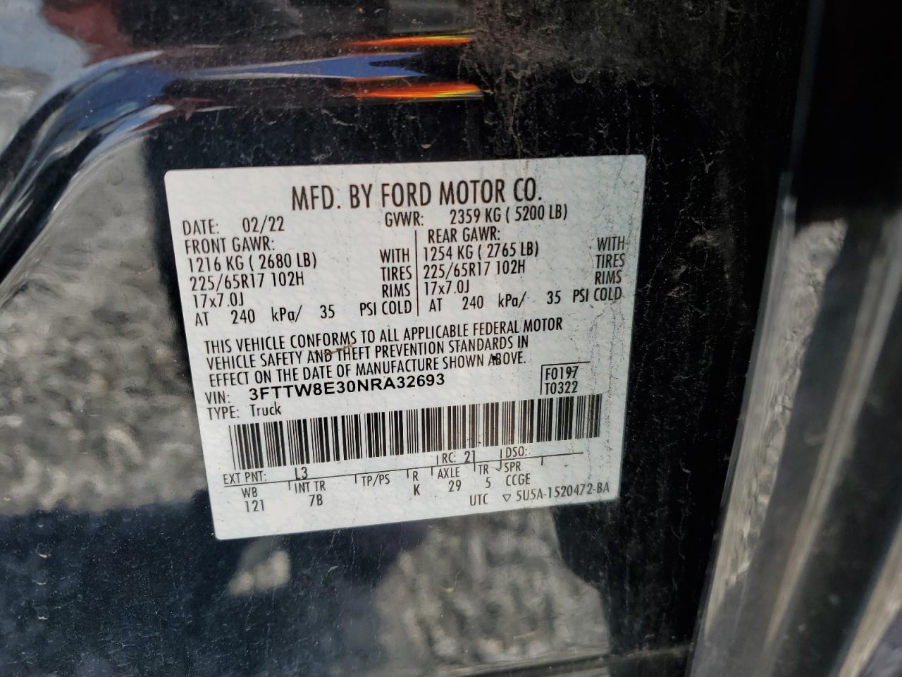 2022 Ford Maverick VIN 3FTTW8E30NRA32693 Copart auction photo, rear end damage thumbnail 12