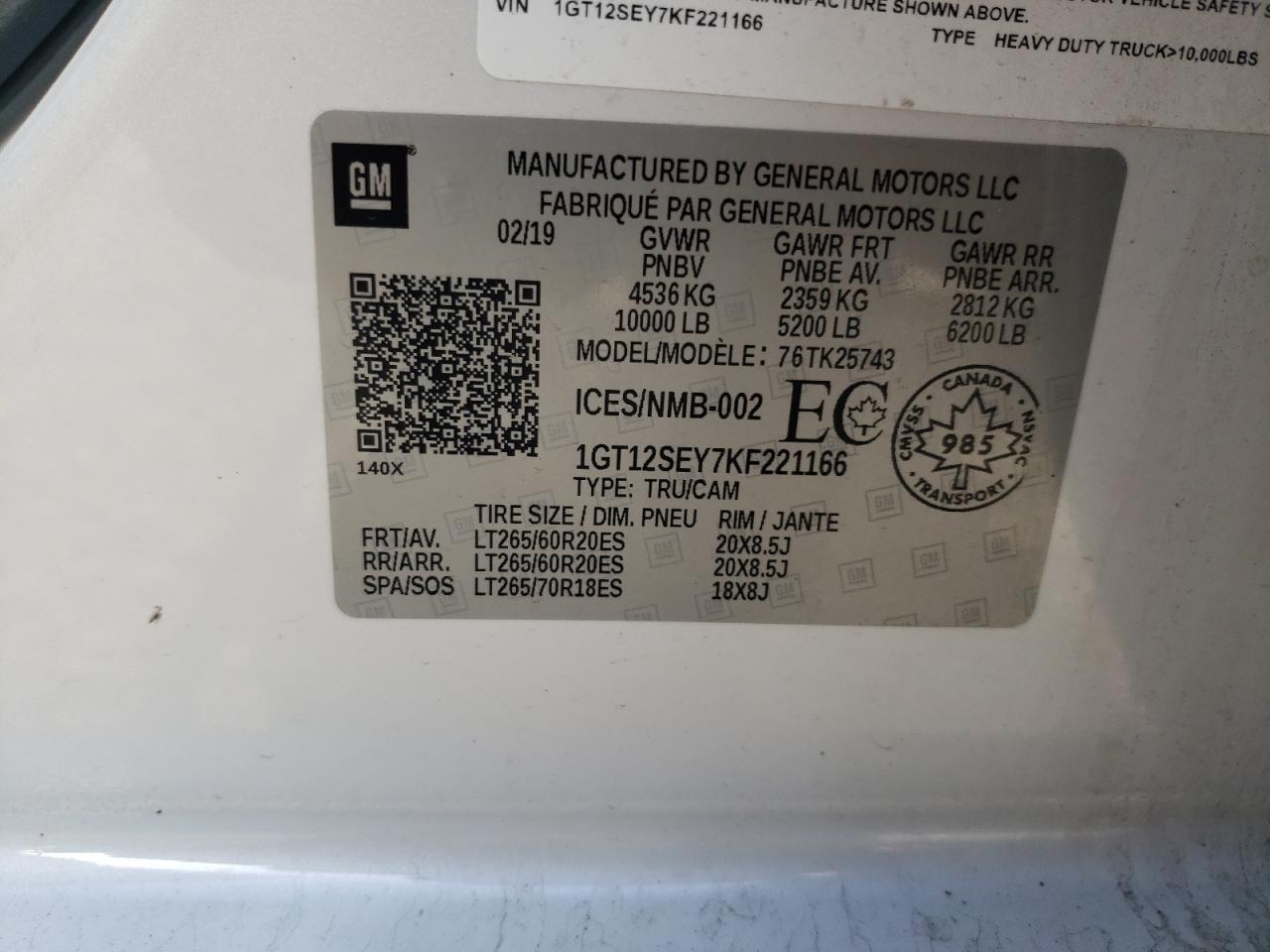 2019 GMC Sierra VIN 1GT12SEY7KF221166 Copart auction photo, front end / rear end damage thumbnail 13